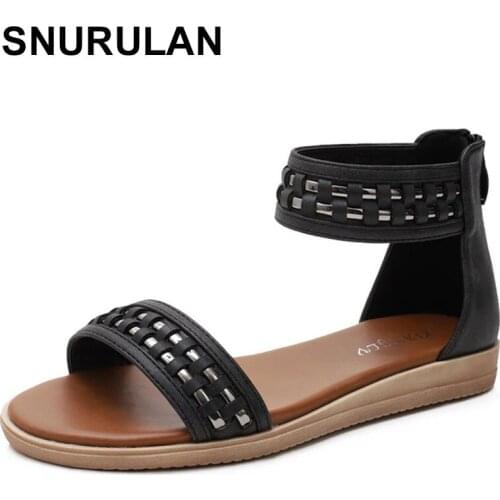 SNURULAN Women Sandals Shoes2021 Fashion Flat Heels Solid Color Shoes Women Leather Metal Buckle Footwear