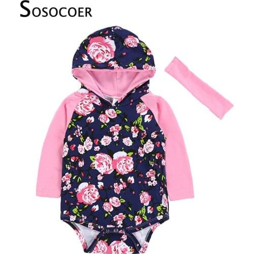 SOSOCOER Spring Baby Girl Rompers Flower Hooded Jumpsuit+Headband Newborn Girls Clothes Floral Long Sleeve Infant Romper Outfits