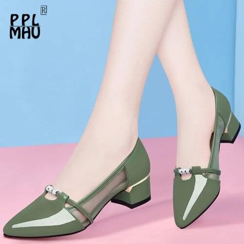 Green Patent Leather Retro Pointed Toe Office Shoes Fashion Light Non-Slip Low-Heel Women Single Shoes Mesh Pumps Ladies Shoes