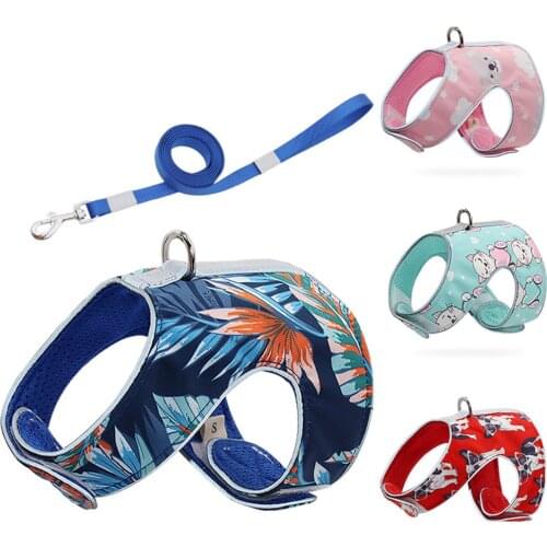 Escape Proof Cat Harness Adjustable Kitten Reflective Strap Walking Jacket Print Step-in Vest with Leash for Puppy Pet Small Dog