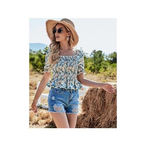 Womens Spring And Summer Square Neck Printing Short Slim Short Sleeve Fashion Elegant Womens Street Style T-shirt Top