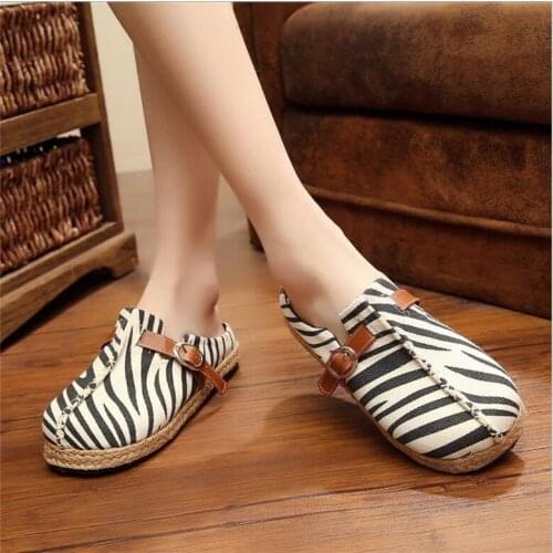 Creative zebra pattern slippers summer autumn comfortable breathable Shoes belt buckle with hand sewn womens Fabric shoes