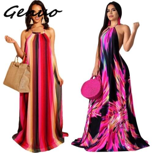 Colorful Printed Summer Bohemian Dress Women Off The Shoulder Backless Floor-Length Dress Vintage Halter Loose Party Beach Dress