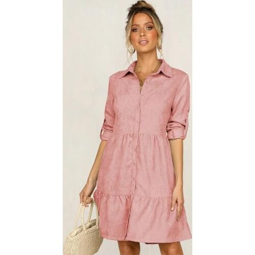 Women Casual Front Button Sheath Ruffeled Mini A-line Dress Turn-Down Collar 3/4 Sleeve Solid Short Shirt Dress Autumn New Dress