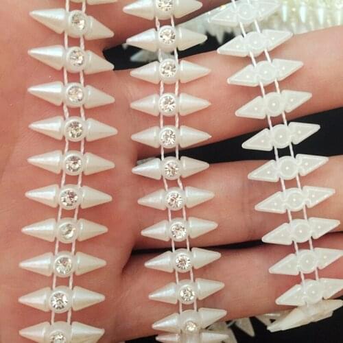 1yards rhinestone Embroidered imitation Natural Pearl beaded ribbon Lace Edge Trim Wedding Ribbon Applique DIY Sewing