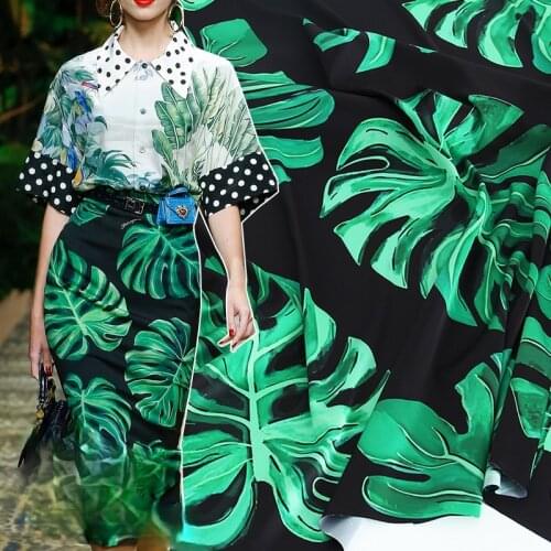 145cm*100cm designer fabric Fashion high fashion spring black bottom green leaf monstera printed clothing handmade fabric