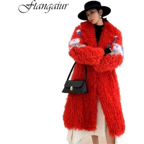 FTangaiur 2021 Imported Turkish Roll Wool Fur Coats Turn-Down Collar Print Flower Women X-Long Real Tuscan Wool fur One Coats