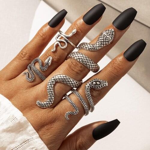 4pcs/set Punk Snake Joint Ring Sets for Women Men Vintage Silver Color Alloy Metal Adjustable Ring Jewelry кольца