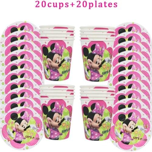 40Pcs Disney Minnie Mouse Theme Disposable Tableware Design Kids Birthday Party Paper Plate+Cup Supplies For Kids