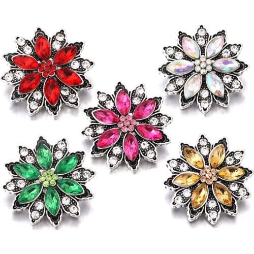 5pcs/lot New Snap Button Jewelry Big Rhinestone Flower Mixed Colors Ginger Metal 18mm Snap Buttons fit Snap Bracelet Bangles