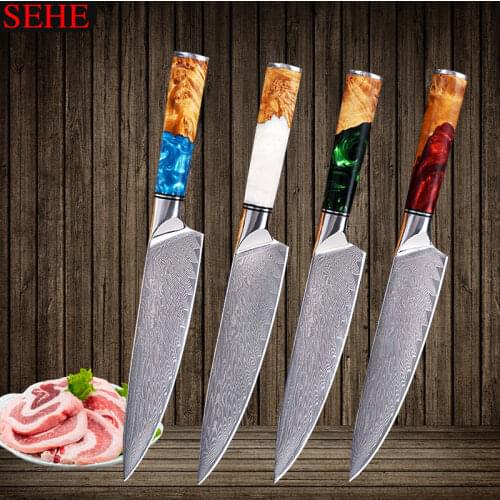 8 Kitchen Knives-Set Damascus Steel VG10 Chef Knife Cleaver Paring Bread Knife Blue Resin and Color Wood Handle Cooking Tool