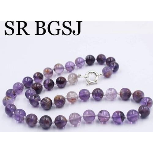 Free Ship 10mm Purple Phantom Quartz Round Gems Beads Knot Natural Stone Chocker Necklace Strand 17.5"