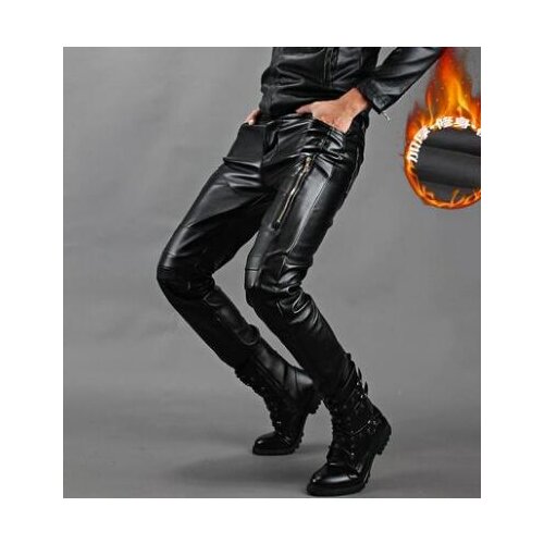 Black plus velvet personality fashion motorcycle faux leather pants mens feet pants pu tight trousers for men pantalon homme