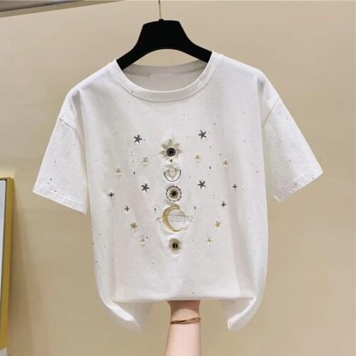 GGRIGHT 2021 Summer Cotton White Black Tshirts Short Sleeve Casual T-Shirt Women O-Neck Loose Embroidery Tee Shirt Femme