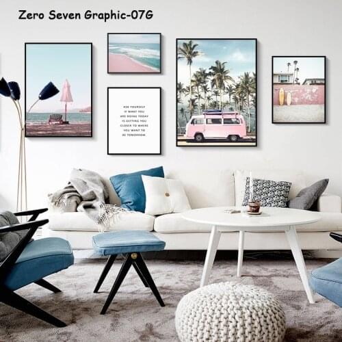 Canvas Posters Prints Summer Beach Pink Surf Car Palm Trees Holiday Trip Relax Tone Picture Wall Art Decoration For Living Room