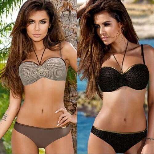 Summer Fashion Womens Bandage Halter Solid Color Padded Bikini Two Piece Set Ladies Sexy Push-up Swimsuit Bathing Suit Swimwear