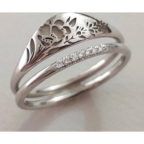 Fashion 2pcs/set Hollow Pattern Flower Rings for Women Jewelry Accessories Party Girl Gift Vintage Rhinestones Zircon Rings