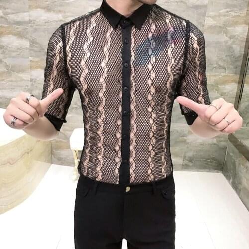 Nightclub Bar Hollow Mesh Short Sleeve Shirt Hairstylist Fashion Work Shirt Mens Tide Casual Tide Shirts Singer Stage Costumes