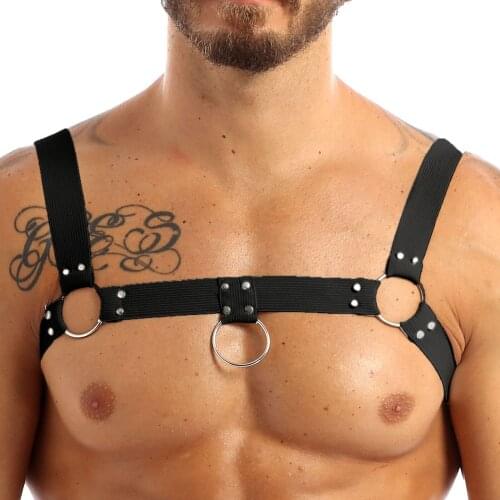Mens Sexy Elastic Wide Shoulder Chest Muscle Harness Belt with Metal O-rings and Rivets Fancy Club Party Costume Strap Accessory