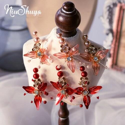 NiuShuya Handmade Crystal Liquid Flower Hairstick Elegance Red/Pink Wedding Bride Travel Seaside Headwear Jewelries Accessories