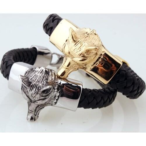 New Stainless Steel Gold/Silver Color Black Genuine Leather Woven Wolf Head Bracelet Chain Cuff Bangle Mens Boys Jewelry