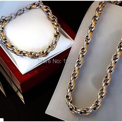 New Men Jewelry Set Gold Charming Gold Rope Link Chain Stainless Steel 23" Necklace & 8.66" Bracelet Hot Selling