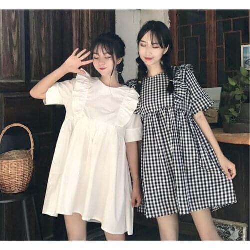 Japanese Korean Girl Lolita Dress Cute Ruffles Puff Sleeve Loose Casual Plaid Dress Elegant Bow Bandage Lady Mini Dress Elegant