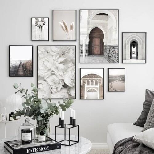 Islamic Architecture Canvas Poster Morocco Old Door Mosque Painting Reed Flower Desert Prints Muslim Wall Art Picture Home Decor
