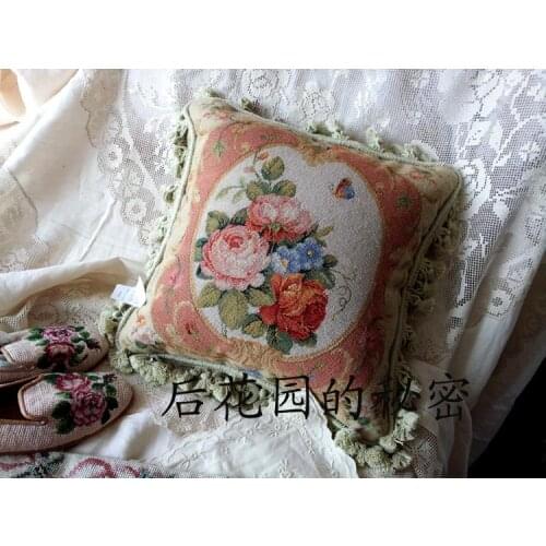 Needlepoint pillows museum handmade all wool embroidered cushion cover (Rouge Rose)
