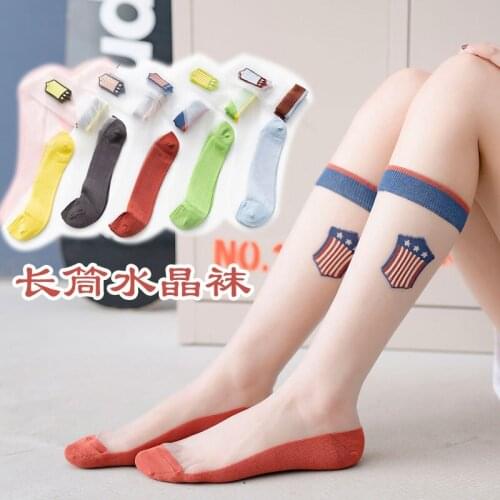 Transparent silk stockings Girls Summer glass silk breathable medal mesh splicing stockings Japanese lovely letter socks
