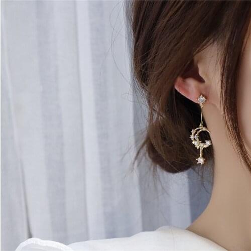 Romantic Inlaid Colorful CZ Pearl Moon Women Earring Charm Gold Transparent Zircon Earring Daily Jewelry Pendant