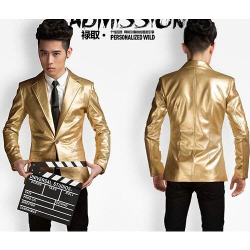 S-5xl ! 2020 New Mens Clothing Fashion Sliver And Gold Leather Suit Jacket Coat Formal Dress Stage Singer Costumes