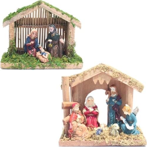 Nativity Scene Statue Figurine with Moss House Christmas Gift Resin Miniature Sculpture Christian Religious Gift Church