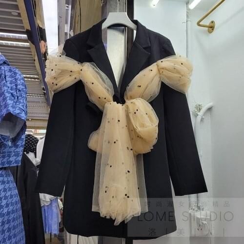 Street Coat Women Mid-Length Black Suit Jacket Bow Dot Mesh Stitched Backless Blazer Lady Outwears Loose