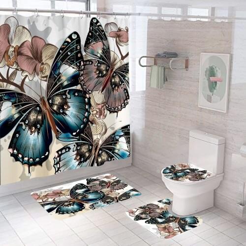 Butterfly Digital Printing De Bathroom Polyester Waterproof Shower Curtain Non-slip Floor Mat Shower Curtain Set