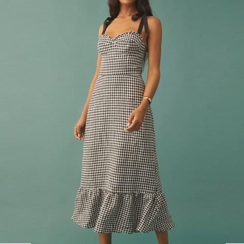 ZA2021Summer Women Camisole Dress Plaid Printed Slash Neck Backless Dress Lady Party Vestido Elegant Girls A-line Causal Outfits