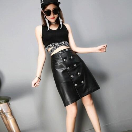 High Waist Womens Skirts 2020 New Fashion Streetwear Wrap A-Line Button Skirt Genuine Leather Sheepskin Short Skirt Female M-2xl