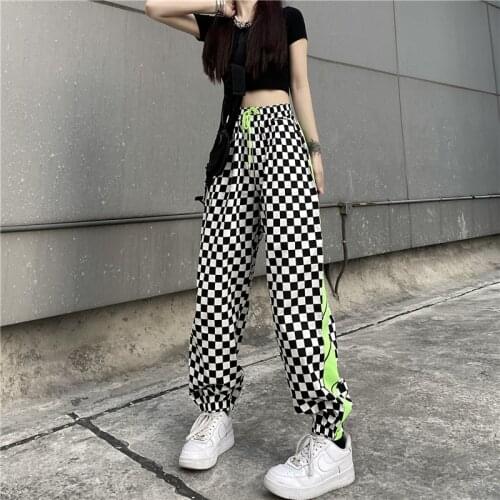 Vintage Streetwear Women Fashion 2021 Harajuku Checkerboard Plaid Print Pants Korean Style Goth Wide Leg Harem Pants Femme