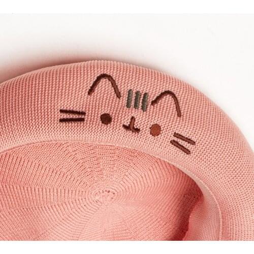 Womens beret hat DIY cute embroidery cat thin breathable painter hat spring and summer outdoor sunshade hat beanie hat