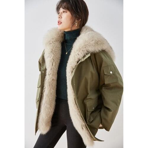 Fur coat womens mid-length rex rabbit fur coat winter warmth to overcome army green navy collar coat fox fur removable lining