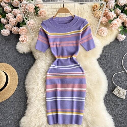 Summer new Korean style stripes Dress Round neck temperament self-cultivation woman dress Short sleeve dresses for women 2021