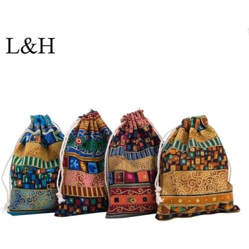 10pcs Bohemian Multicolored Linen Fabric Drawstring Packaging Bags Reusable Handmade Jewelry Wedding Gift Pouch Bags 12*9.5cm