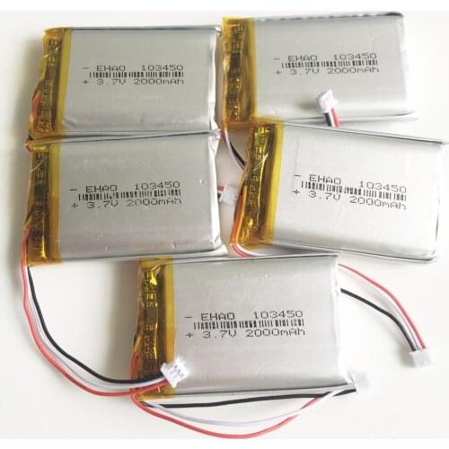 5 pcs 103450 with JST 1.25mm 3pin plug 3.7V 2000mAh lipo polymer lithium rechargeable battery for GPS DVD e-book camera