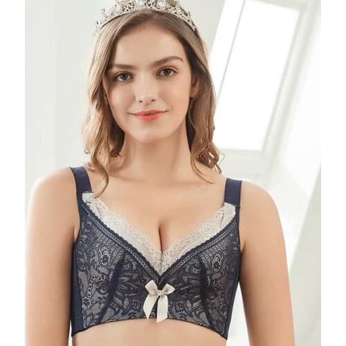 EFIOLY 2020 Eyelash Lace Bra Sexy Deep V Gathering Beauty Back Gathering No Steel Ring Underwear Bra B-E Cup Big Push Up Bra