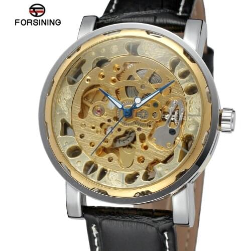 Forsining Skeleton Automatic Watches for Men Leather Strap Analog Hign End Wrist Watch Color Gold Famous Watch Brands FSG8109M3