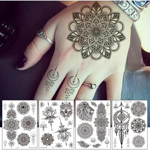 Black sketch temporary tattoo Vintage hand back pattern tattoo sticker Mandala flower collarbone Lace Lion fake tatto tatuajes