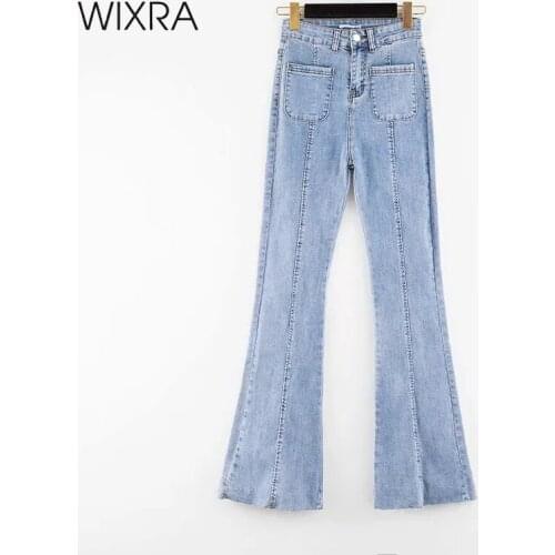 Wixra Womens Jeans Pants Boot Cut Female High Waist Jeans Femme Pockets Long Denim Slim Solid Flare Pants For Lady
