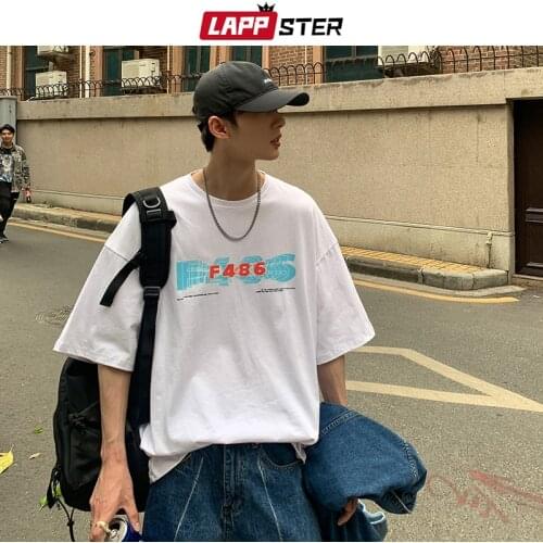 LAPPSTER Men F486 Streetwear Graphic Vintage T Shirts 2021 Summer Mens Oversized Harajuku Loose T-shirts Male Causal Hip Hop Tee