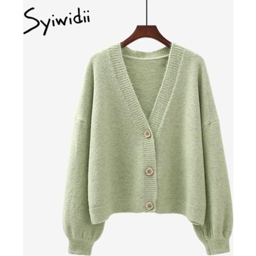 Syiwidii Green Cardigans Sweaters for Women Fall Winter 2021 Casual Oversized Knitted Jacket V Neck Button Up Long Sleeve Coats