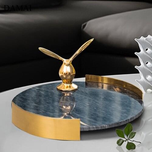 Natural Marble Ceramic Storage Trays Decorative Gold Inlay Base Jewelry Cosmetics Display Tray Living Room Decoration Ornaments
